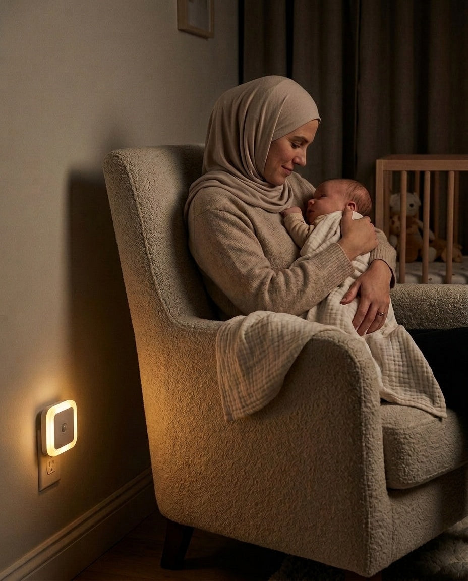 Veilleuse à Détecteur de Mouvement - maman voilée berçant son bébé emmailloté dans la pénombre
