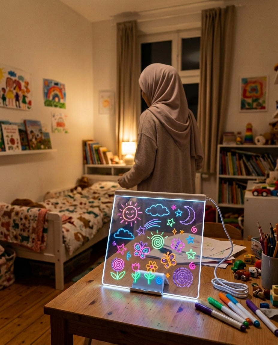 Maman voilée de dos dans la chambre d'enfant, tableau lumineux à dessiner allumé au premier plan