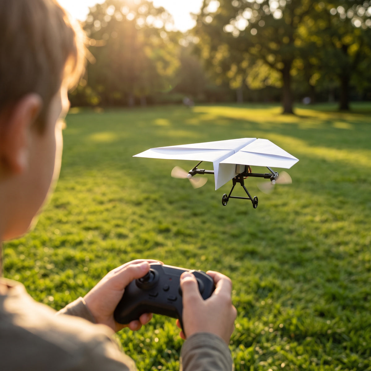 Avion en papier télécommandé en vol dans un parc