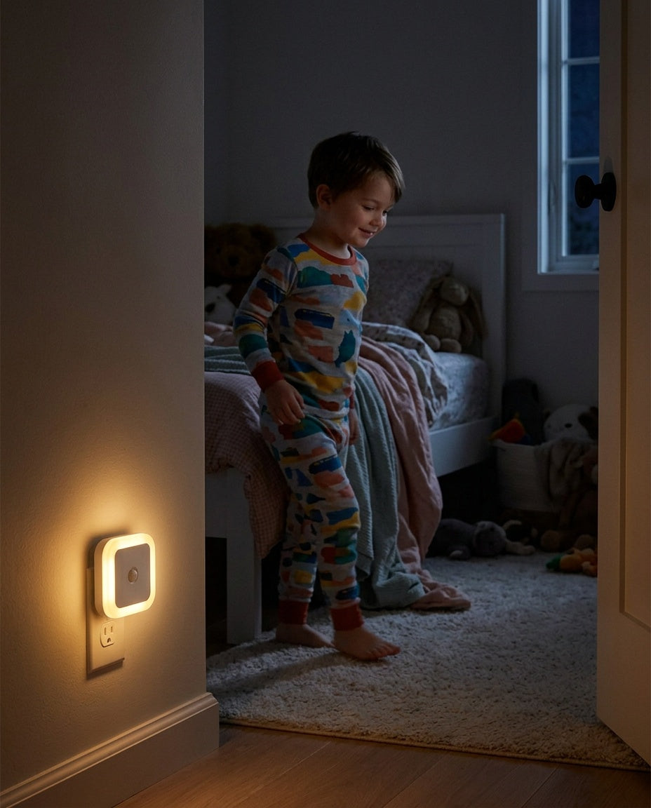 Veilleuse à Détecteur de Mouvement - enfant se levant la nuit guidé par la lumière