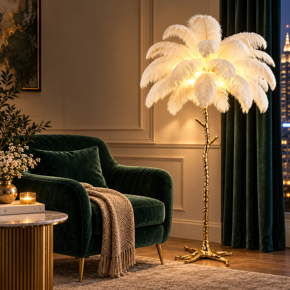 Lampadaire de luxe en plumes d'autruche