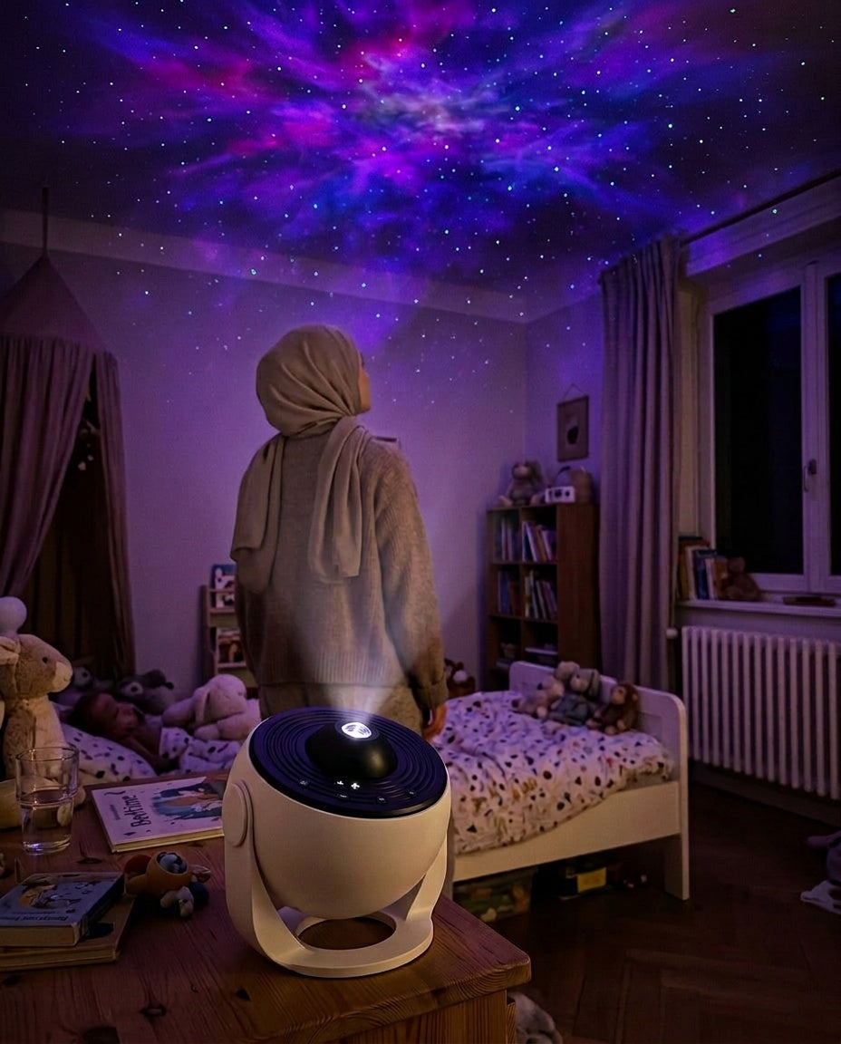 Maman voilée de dos dans la chambre d'enfant, projecteur galaxie allumé au premier plan et plafond étoilé