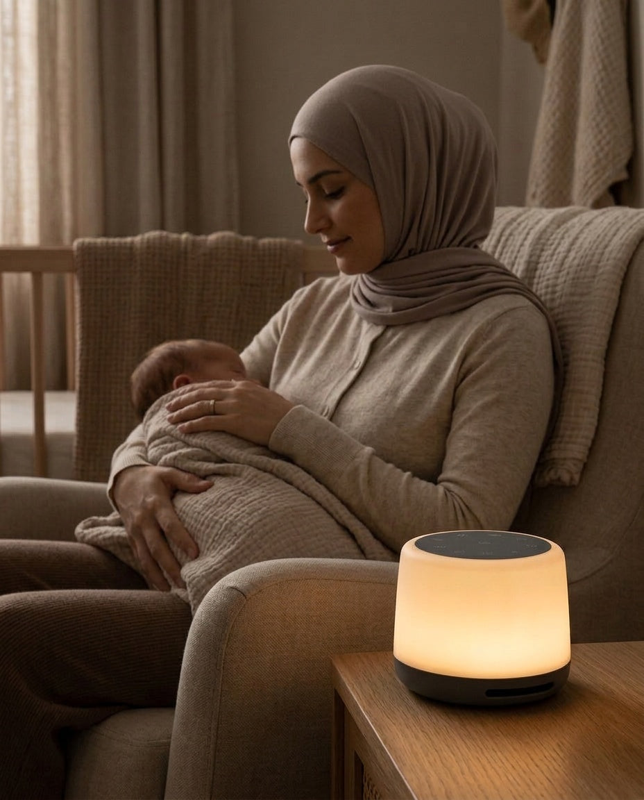 Machine à Bruit Blanc - maman voilée berçant son bébé emmailloté dans la pénombre